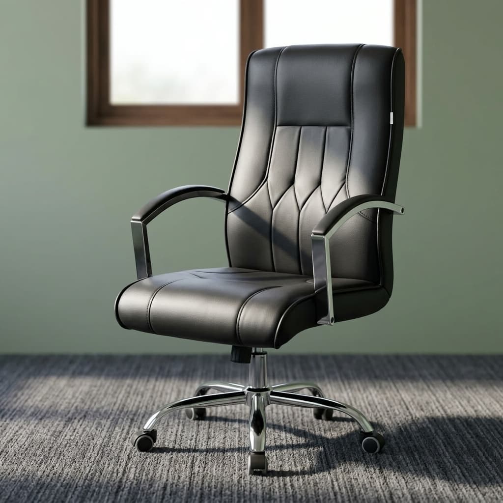 High-Back Executive Leather Office Chair With Black Leather Upholstery, Padded High Backrest, Stitched Lumbar Detailing, Cushioned Seat, Curved Padded Armrests, Chrome Five-Star Base, And Black Castor Wheels.