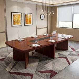 3.5m Mahogany Conference Table featuring a rectangular dark red mahogany wood grain finish, rounded beveled corners, a completely solid seamless tabletop, and thick wooden slab panel legs.