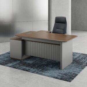1.6m Modern Executive Desk showcasing a walnut wood desktop with a chevron grain pattern, a gray fluted modesty panel, and an integrated side return storage credenza.