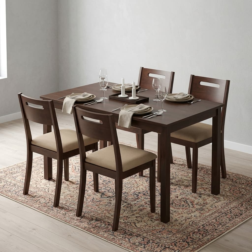 4-Chair Wooden Dining Set Showcasing A Rectangular Espresso-Finished Wooden Table Paired With Four Matching Open-Slot Backrest Chairs Featuring Beige Woven Fabric Upholstered Seats.