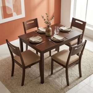 4-Chair Wooden Dining Set showcasing a rectangular espresso-finished wooden table paired with four matching open-slot backrest chairs featuring beige woven fabric upholstered seats.