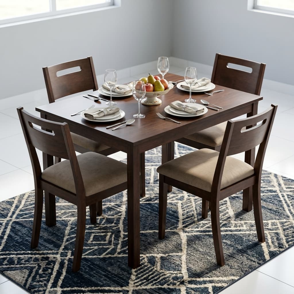 4-Chair Wooden Dining Set Showcasing A Rectangular Espresso-Finished Wooden Table Paired With Four Matching Open-Slot Backrest Chairs Featuring Beige Woven Fabric Upholstered Seats.