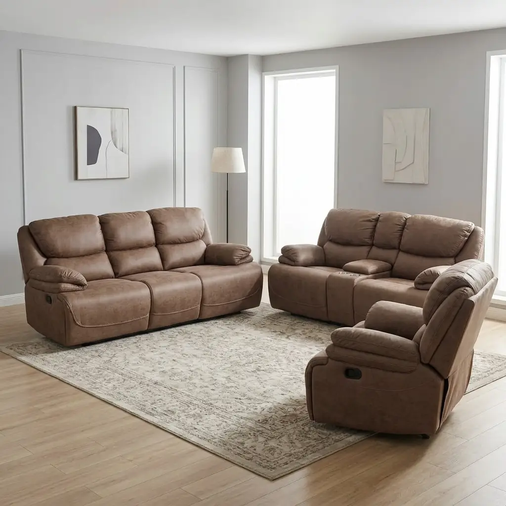 Comfortable Family Sofa Set With Brown Upholstered Three-Seater Sofa, Two-Seater Sofa And Matching Armchair Featuring Padded Seats, Backrests, Armrests And Visible Recliner Controls