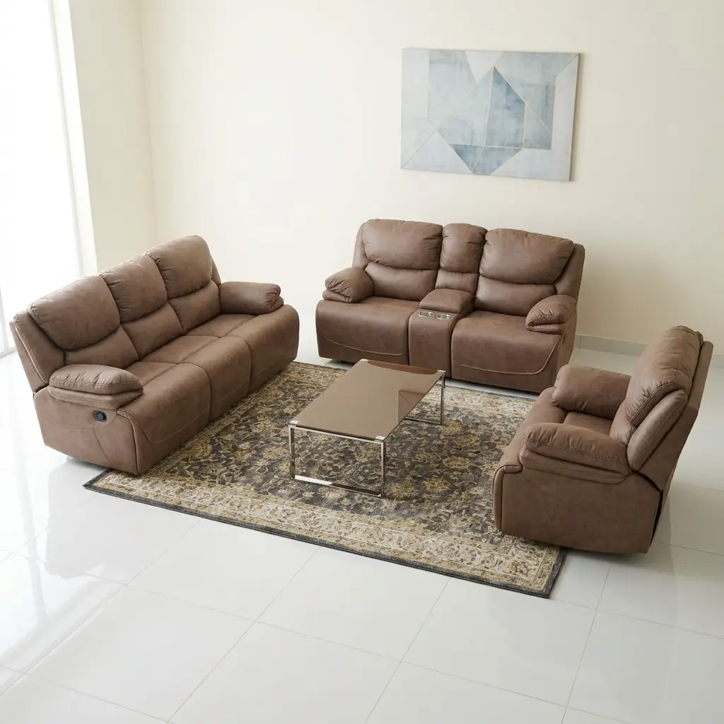 Comfortable Family Sofa Set With Brown Upholstered Three-Seater Sofa, Two-Seater Sofa And Matching Armchair Featuring Padded Seats, Backrests, Armrests And Visible Recliner Controls