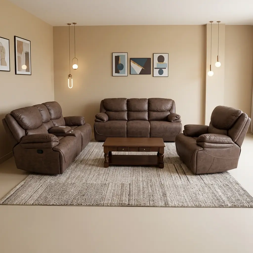 Comfortable Family Sofa Set With Brown Upholstered Three-Seater Sofa, Two-Seater Sofa And Matching Armchair Featuring Padded Seats, Backrests, Armrests And Visible Recliner Controls