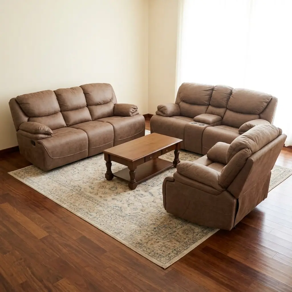 Comfortable Family Sofa Set With Brown Upholstered Three-Seater Sofa, Two-Seater Sofa And Matching Armchair Featuring Padded Seats, Backrests, Armrests And Visible Recliner Controls