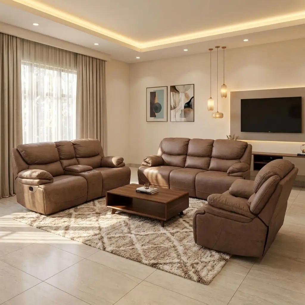 Comfortable Family Sofa Set With Brown Upholstered Three-Seater Sofa, Two-Seater Sofa And Matching Armchair Featuring Padded Seats, Backrests, Armrests And Visible Recliner Controls