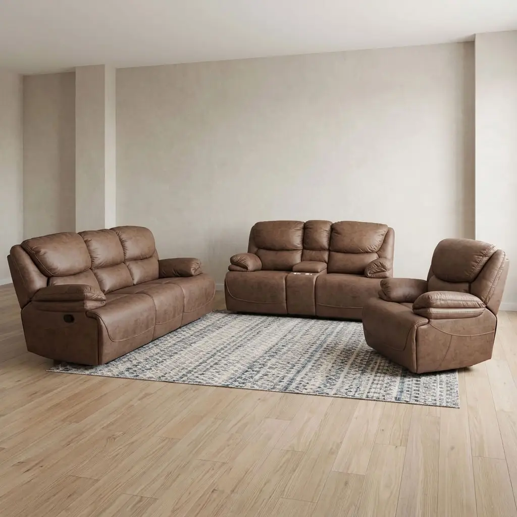 Comfortable Family Sofa Set With Brown Upholstered Three-Seater Sofa, Two-Seater Sofa And Matching Armchair Featuring Padded Seats, Backrests, Armrests And Visible Recliner Controls