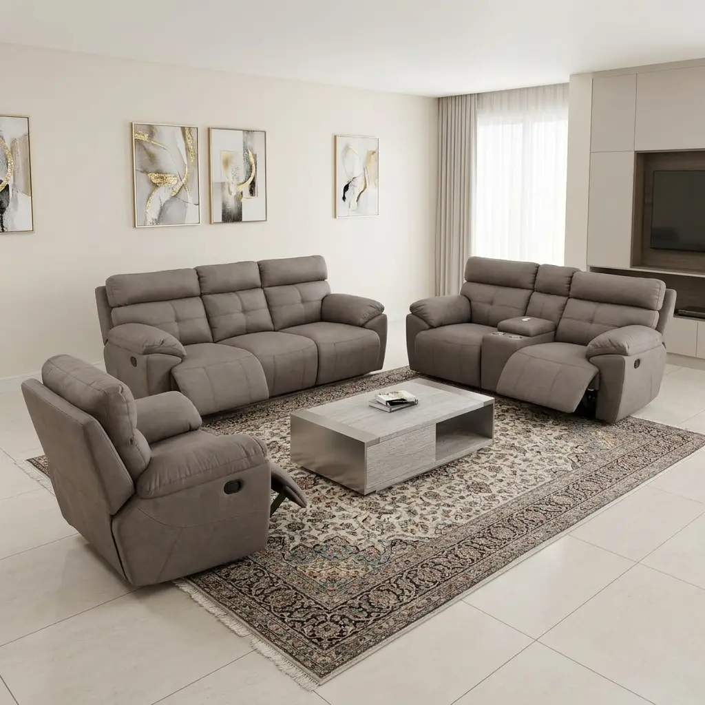 3-Piece Reclining Couch Set With Grey Upholstered Three-Seater Couch, Two-Seater Couch And Matching Armchair, Padded Backrests, Wide Armrests, Recliner Controls And Central Cup Holder Console