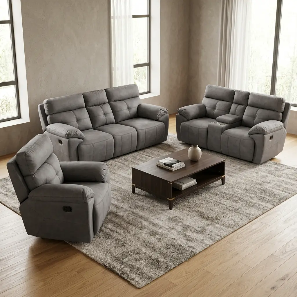 3-Piece Reclining Couch Set With Grey Upholstered Three-Seater Couch, Two-Seater Couch And Matching Armchair, Padded Backrests, Wide Armrests, Recliner Controls And Central Cup Holder Console