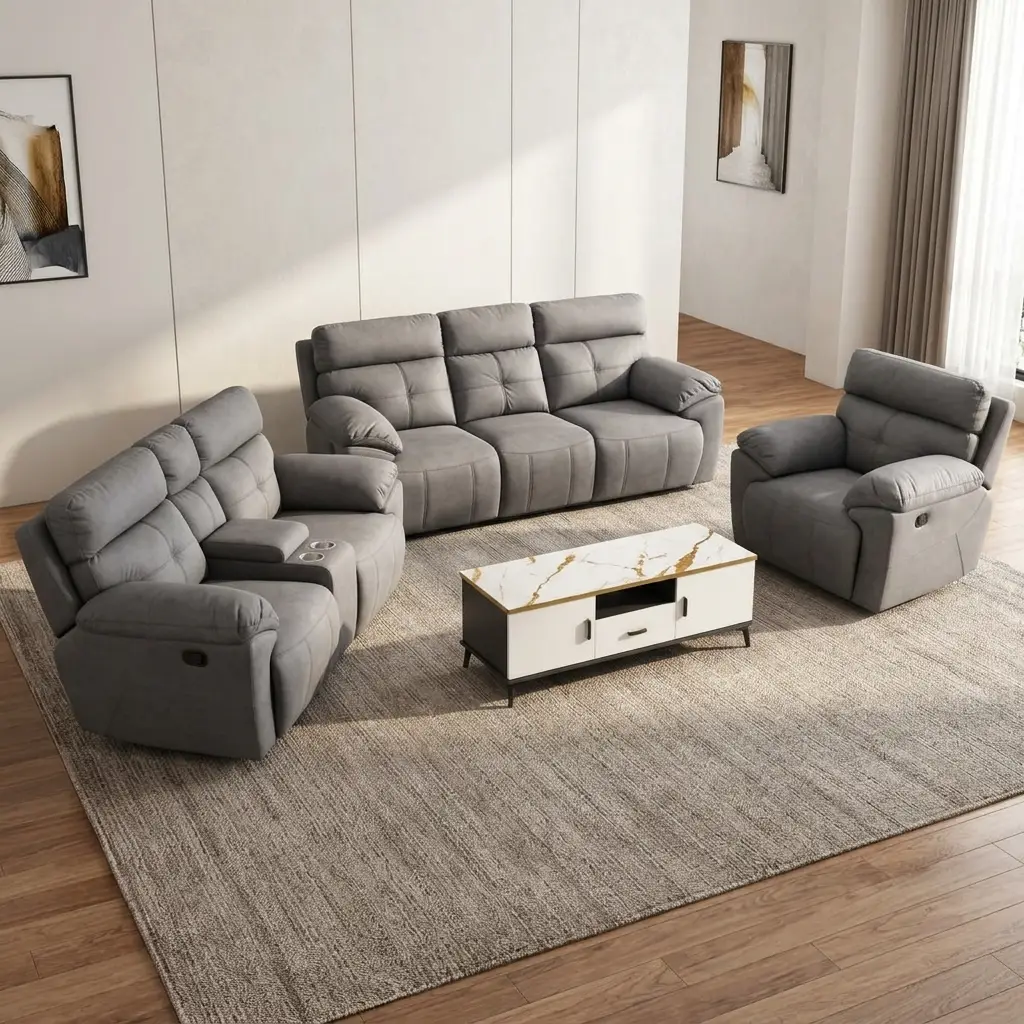 3-Piece Reclining Couch Set With Grey Upholstered Three-Seater Couch, Two-Seater Couch And Matching Armchair, Padded Backrests, Wide Armrests, Recliner Controls And Central Cup Holder Console