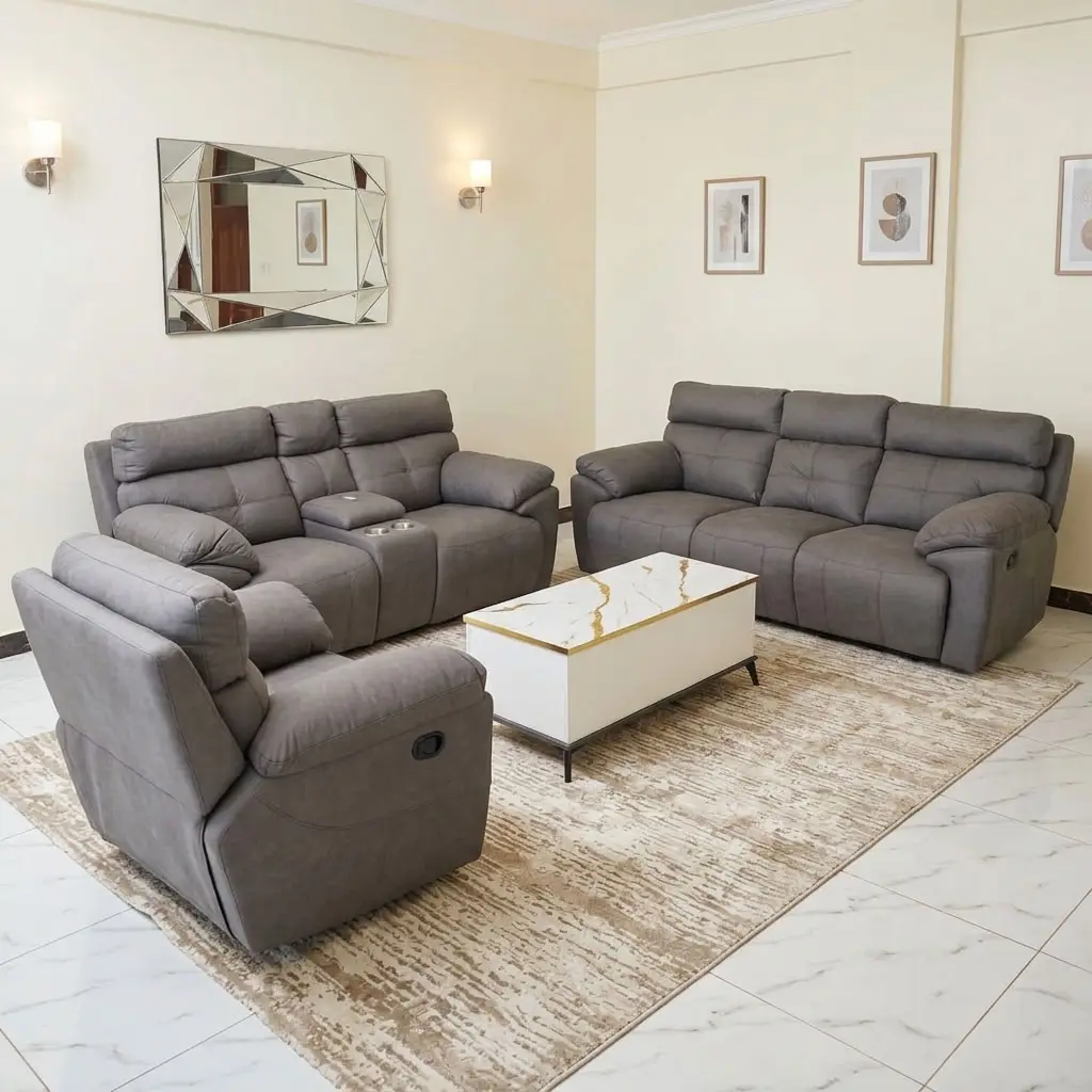 3-Piece Reclining Couch Set With Grey Upholstered Three-Seater Couch, Two-Seater Couch And Matching Armchair, Padded Backrests, Wide Armrests, Recliner Controls And Central Cup Holder Console