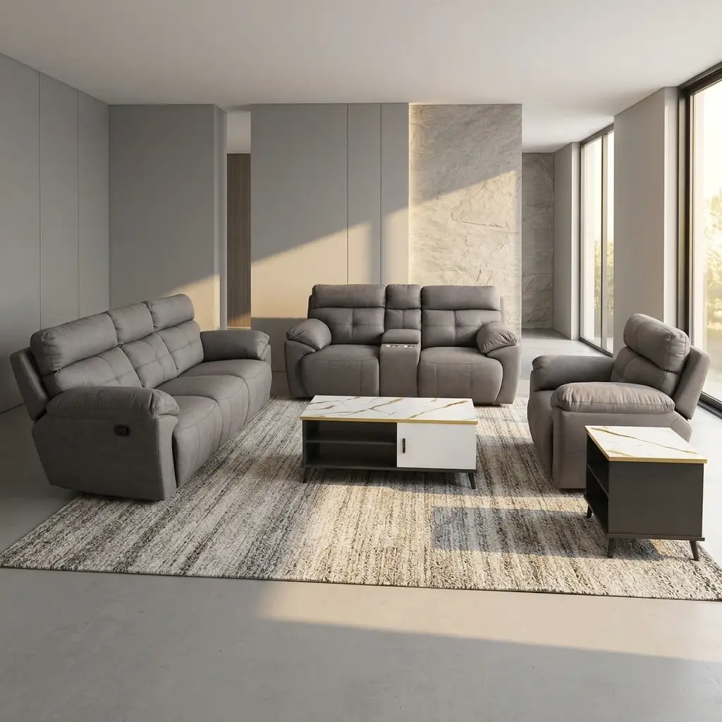3-Piece Reclining Couch Set With Grey Upholstered Three-Seater Couch, Two-Seater Couch And Matching Armchair, Padded Backrests, Wide Armrests, Recliner Controls And Central Cup Holder Console