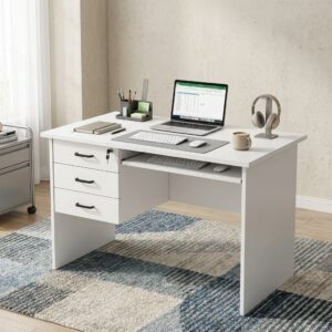 1.2m Computer Study Table showcasing a matte white rectangular wooden desktop with a sliding keyboard tray and a built-in three-drawer left side pedestal featuring black handles and a secure key lock.