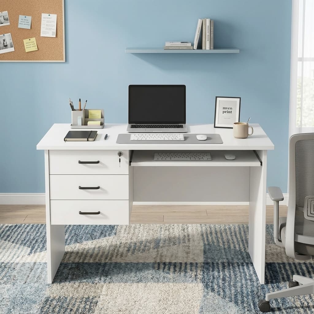 1.2M Computer Study Table Showcasing A Matte White Rectangular Wooden Desktop With A Sliding Keyboard Tray And A Built-In Three-Drawer Left Side Pedestal Featuring Black Handles And A Secure Key Lock.