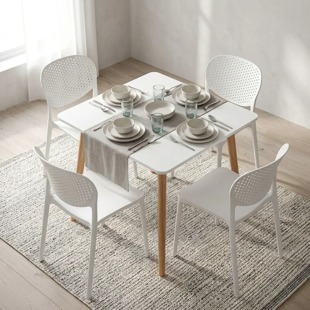 5-Piece White Dining Set Featuring A Square Matte White Tabletop With Tapered Natural Wood Legs Paired With Four Matching Molded White Plastic Chairs With Perforated Backrests.