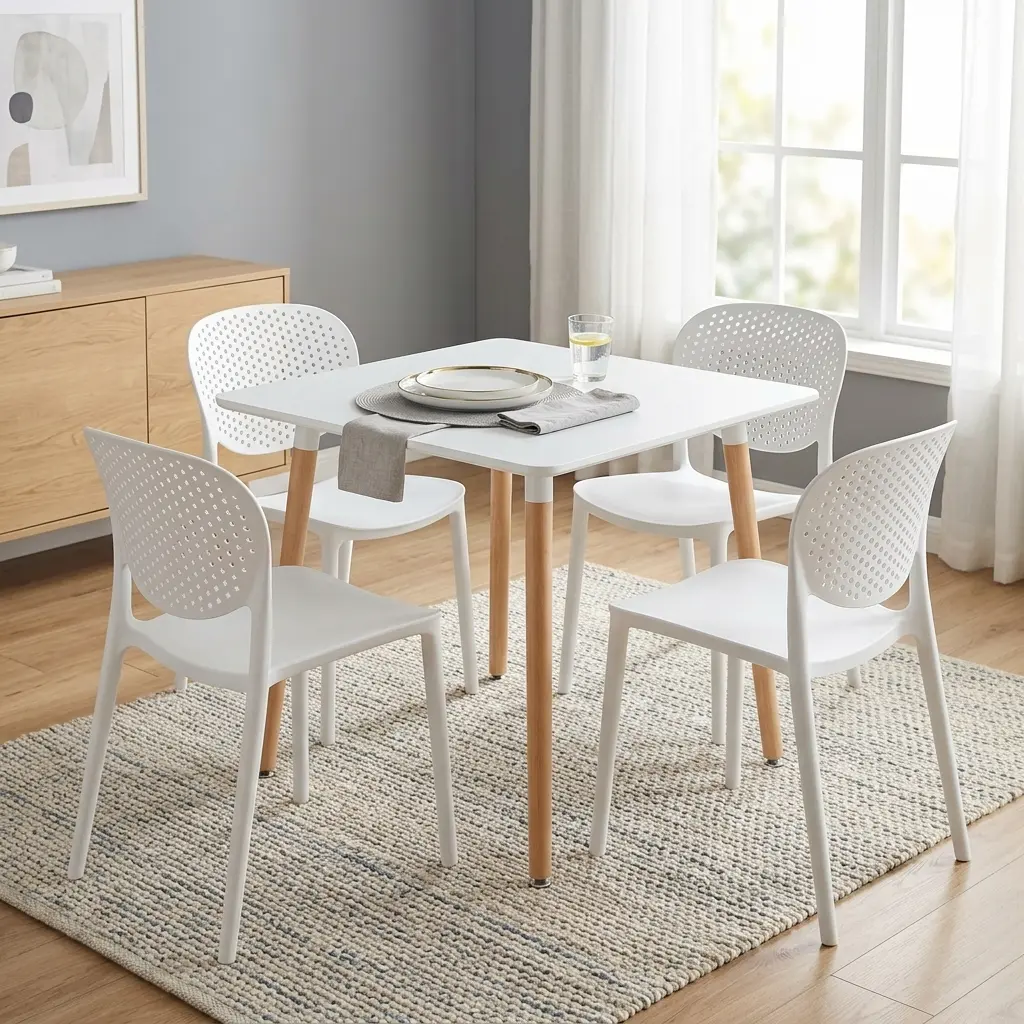 5-Piece White Dining Set Featuring A Square Matte White Tabletop With Tapered Natural Wood Legs Paired With Four Matching Molded White Plastic Chairs With Perforated Backrests.