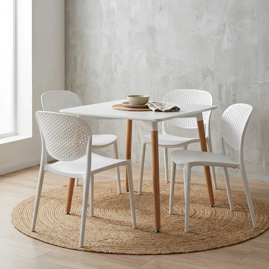 5-Piece White Dining Set Featuring A Square Matte White Tabletop With Tapered Natural Wood Legs Paired With Four Matching Molded White Plastic Chairs With Perforated Backrests.