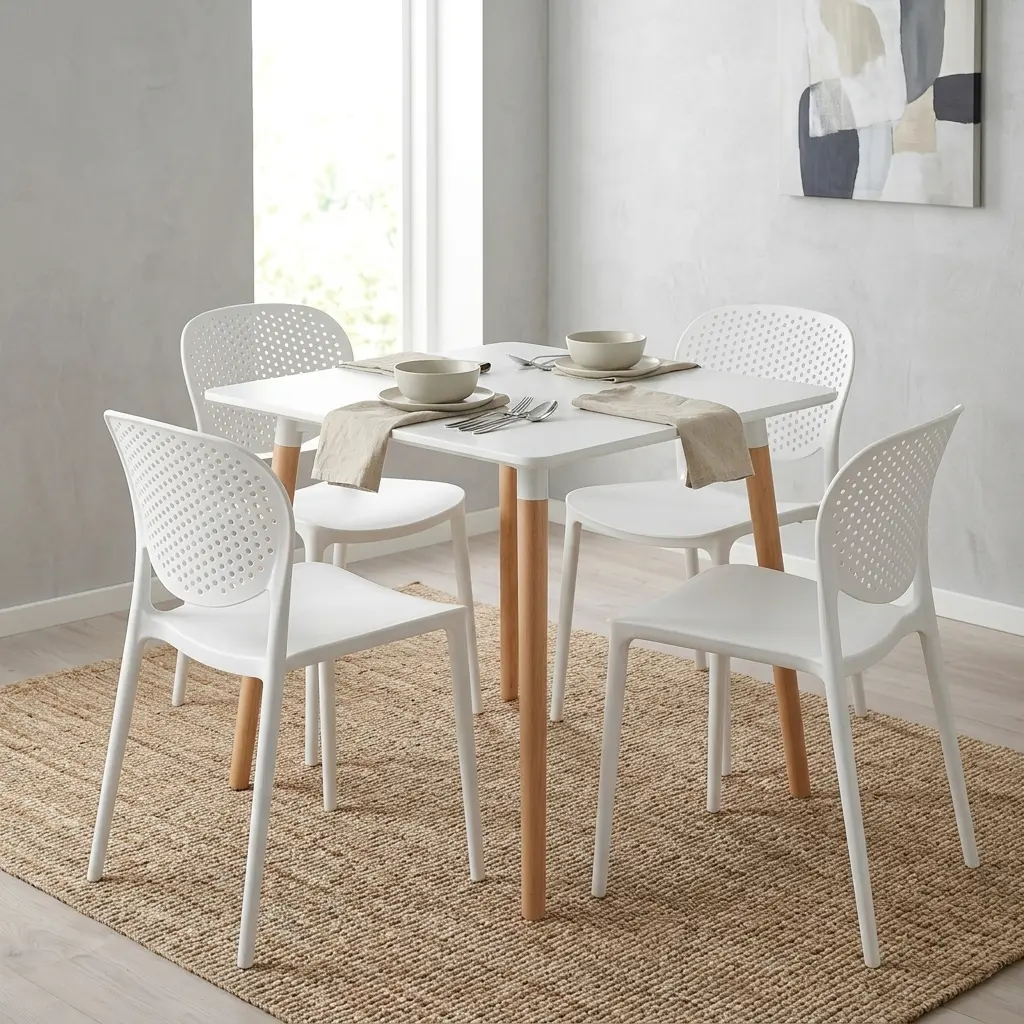 5-Piece White Dining Set Featuring A Square Matte White Tabletop With Tapered Natural Wood Legs Paired With Four Matching Molded White Plastic Chairs With Perforated Backrests.
