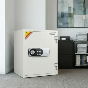 Diplomat Digital Fireproof Safe with light-toned exterior, solid door, electronic keypad locking panel, circular control and external hinges
