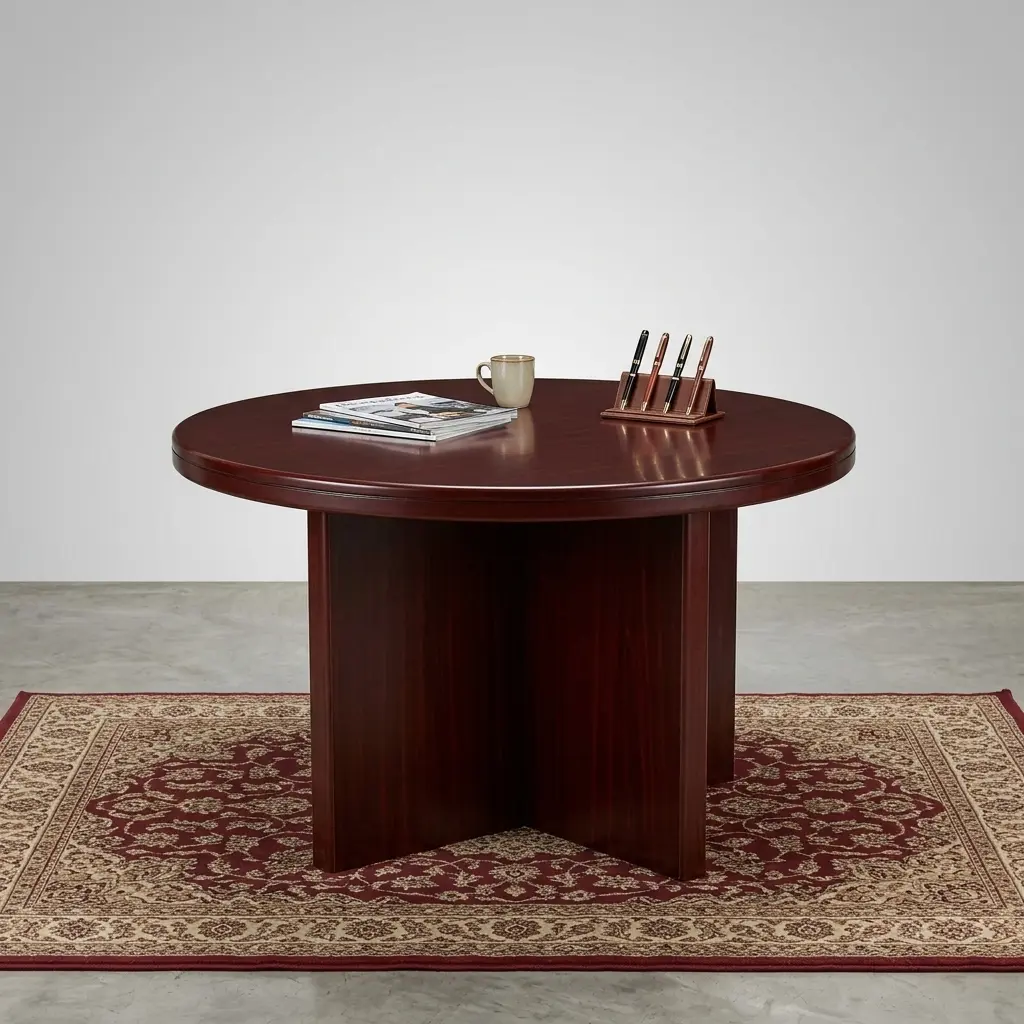 4-Person Circular Conference Table With Dark Wood-Grain Round Tabletop, Layered Edge Detail And Central Panel-Style Support Base