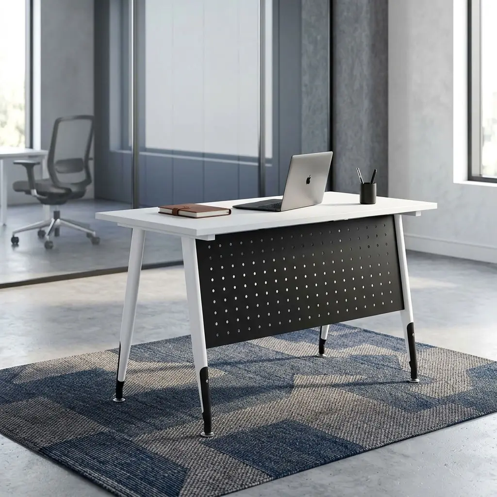 1.2M Contemporary Office Table With Slim White Rectangular Worktop, Dark Perforated Front Modesty Panel, Four Angled Light-Toned Legs And Contrasting Dark Lower Leg Sections