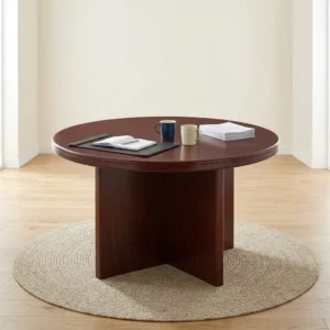 4-Person Circular Conference Table with dark wood-grain round tabletop, layered edge detail and central panel-style support base