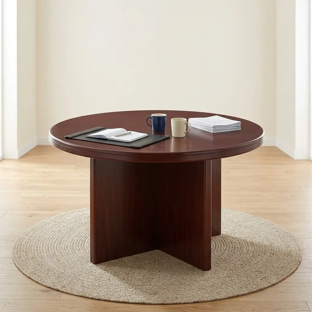 4-Person Circular Conference Table With Dark Wood-Grain Round Tabletop, Layered Edge Detail And Central Panel-Style Support Base