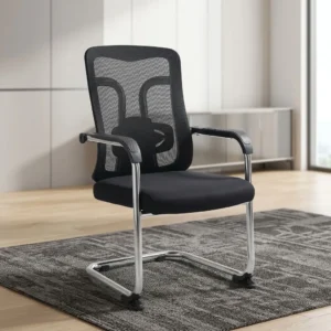 Ergonomic Mesh Guest Office Chair with black breathable mesh backrest, visible lumbar support, padded black seat, fixed armrests with black pads and chrome-toned cantilever frame