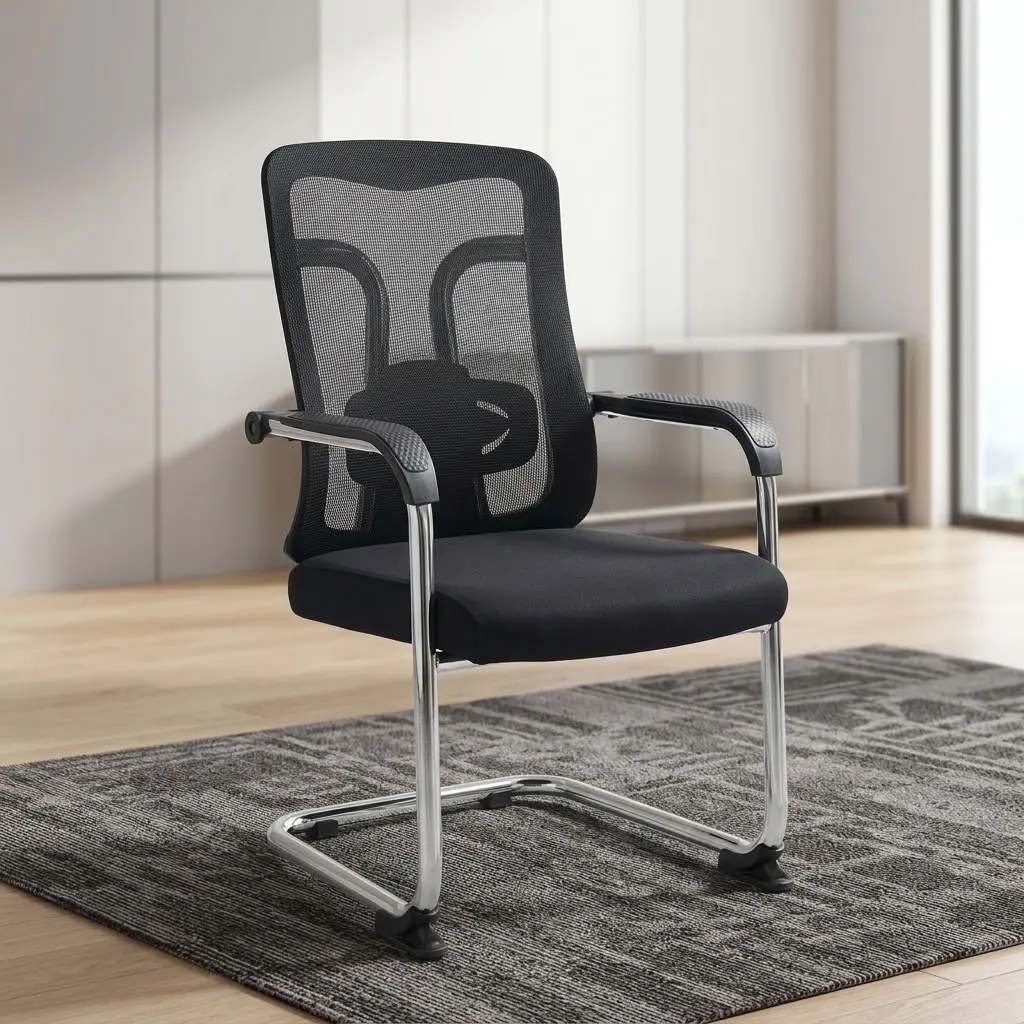 Ergonomic Mesh Guest Office Chair With Black Breathable Mesh Backrest, Visible Lumbar Support, Padded Black Seat, Fixed Armrests With Black Pads And Chrome-Toned Cantilever Frame