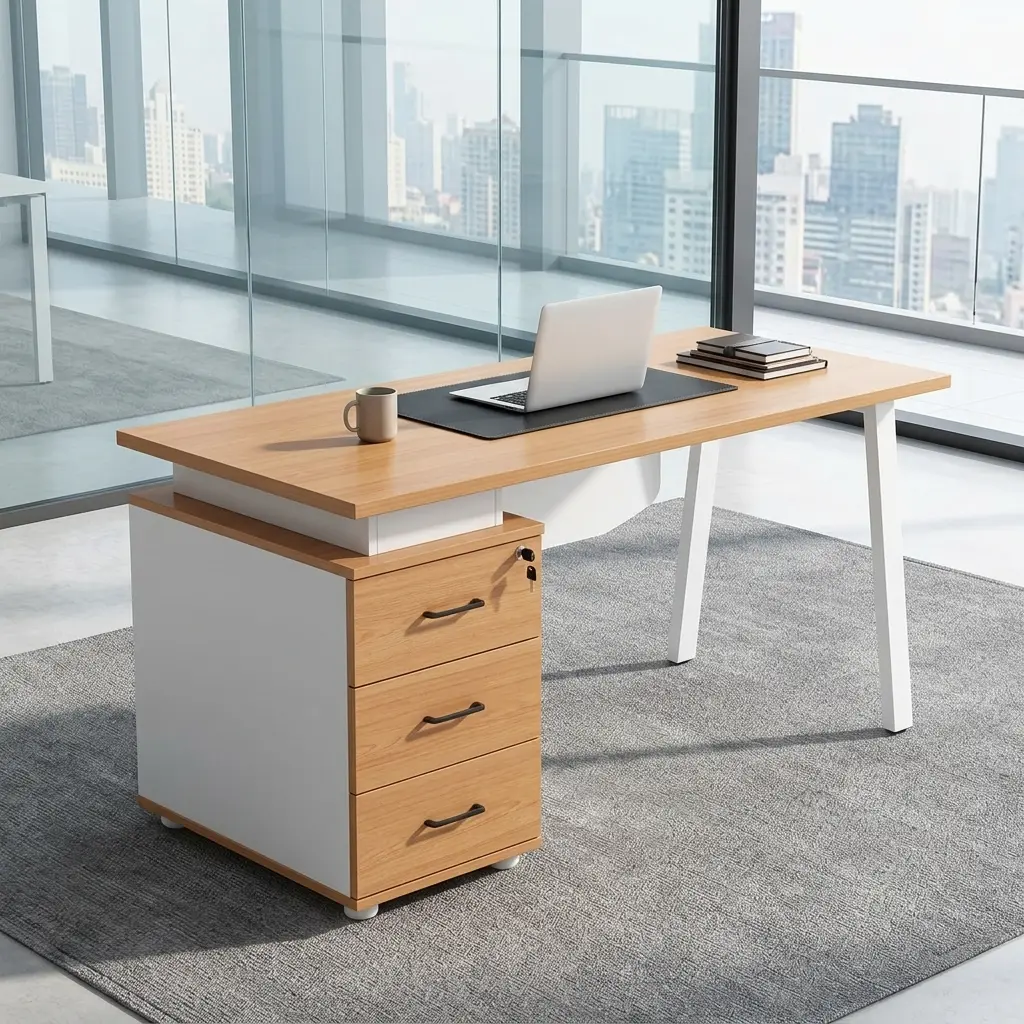 1.4M Straight Oak Office Desk With Oak-Style Rectangular Worktop, Three-Drawer Storage Pedestal, Lockable Upper Drawer, Cable-Access Point And Angled White Legs