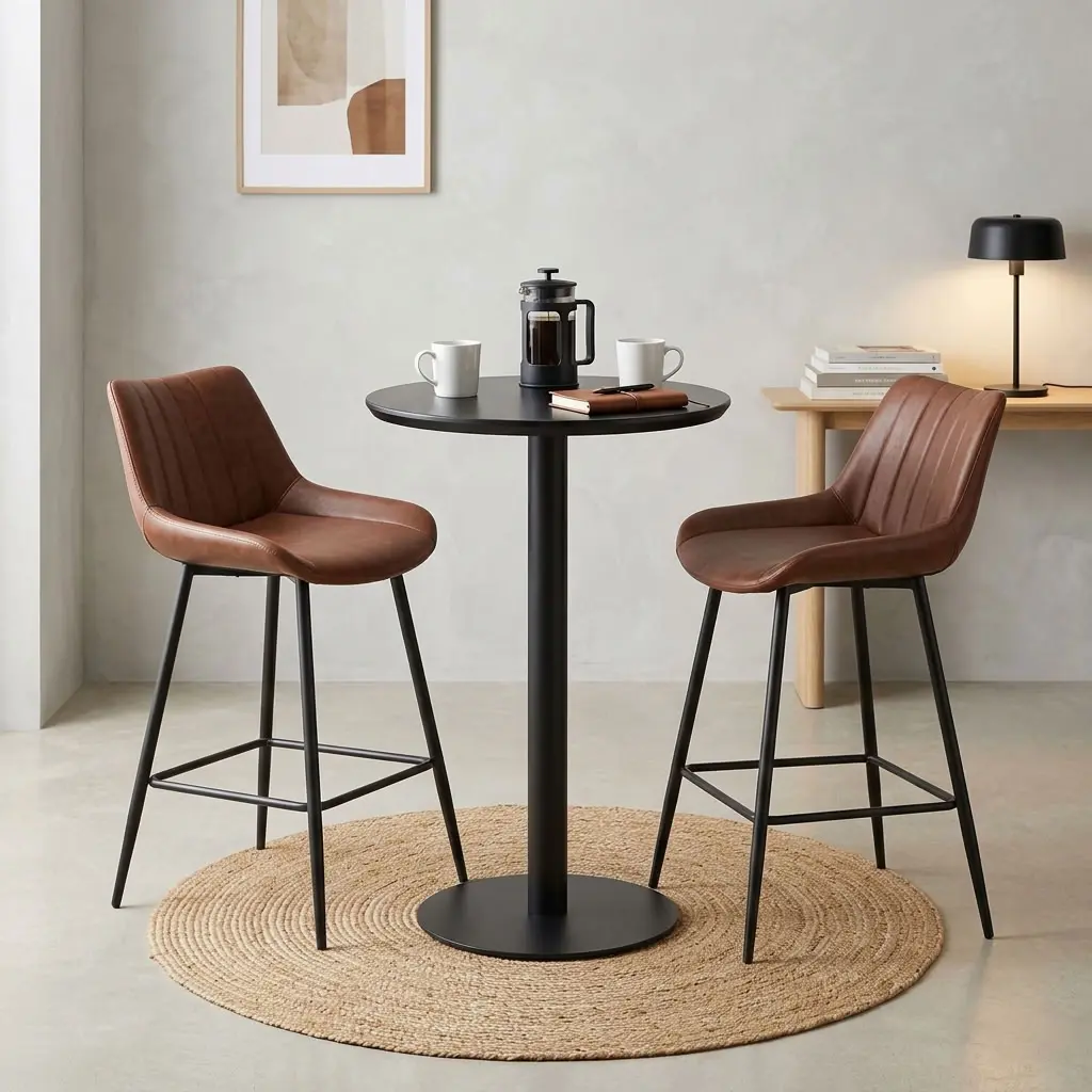 Commercial Restaurant Bistro Table With Round Black Tabletop, Single Central Pedestal Column And Broad Circular Black Base