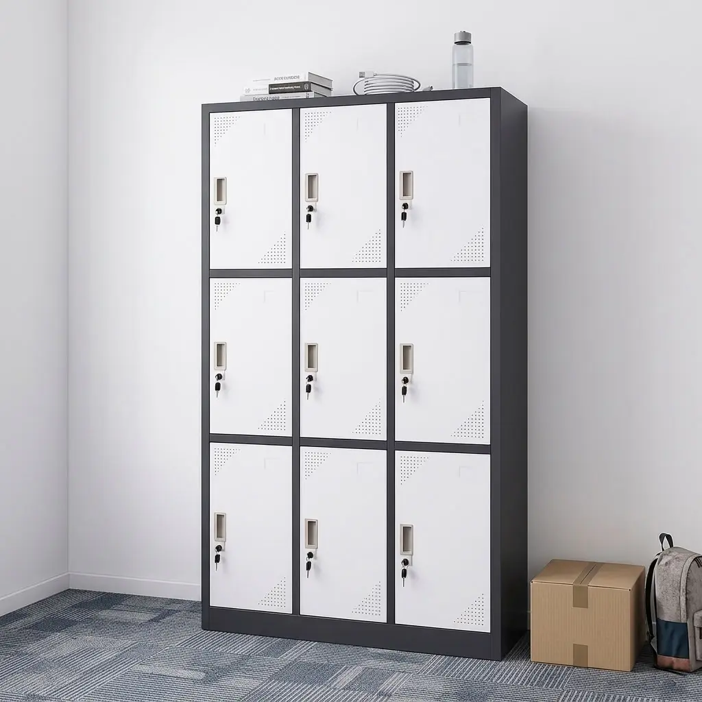 9-Compartment Staff Storage Locker With Nine Individually Lockable Doors, Recessed Handles, Ventilation Perforations And Contrasting Dark Frame