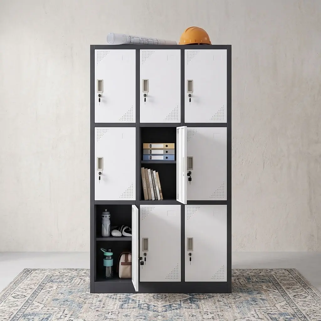 9-Compartment Staff Storage Locker With Nine Individually Lockable Doors, Recessed Handles, Ventilation Perforations And Contrasting Dark Frame