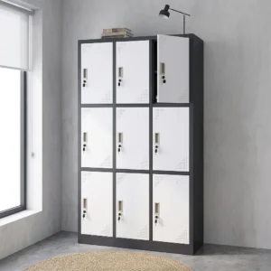 9-Compartment Staff Storage Locker with nine individually lockable doors, recessed handles, ventilation perforations and contrasting dark frame