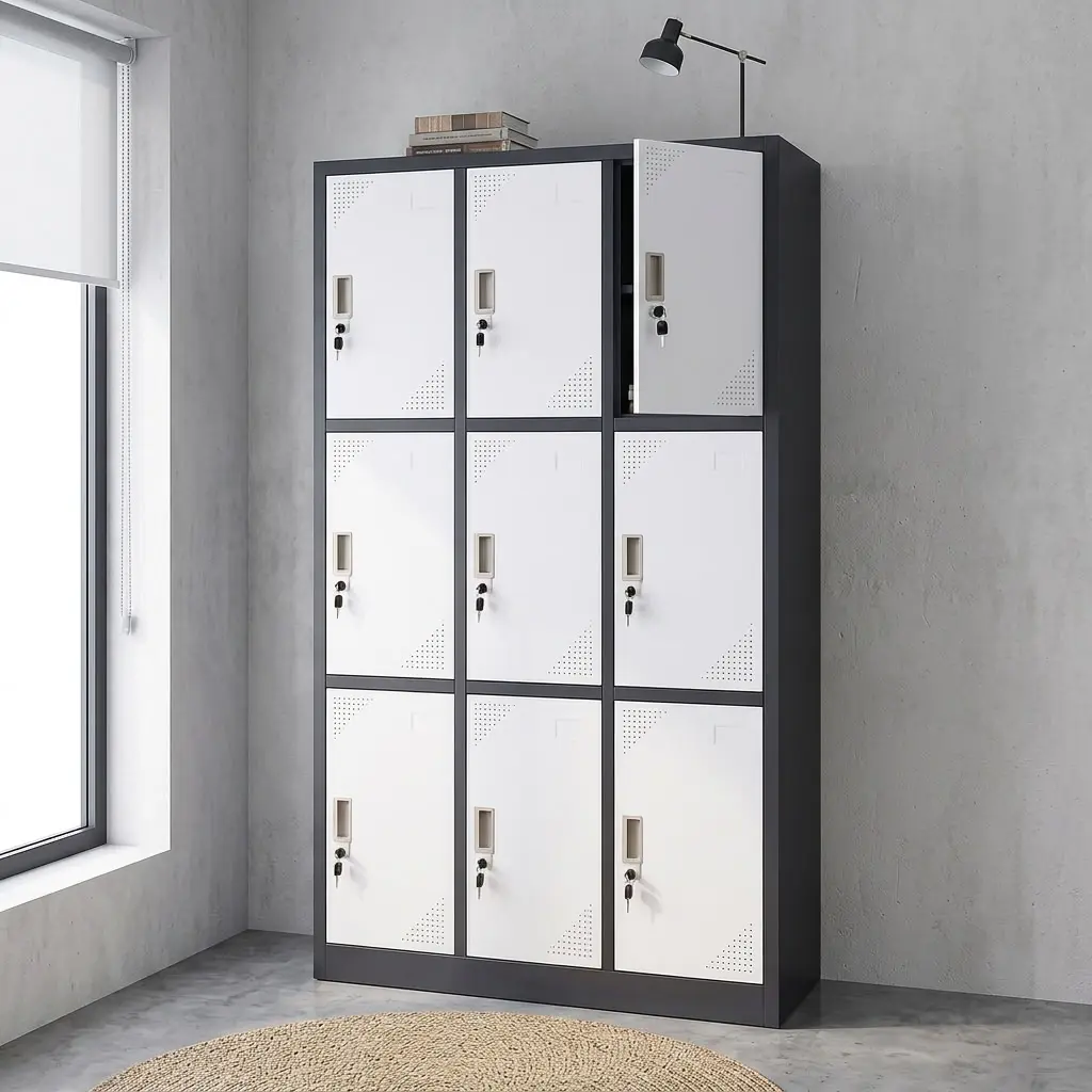 9-Compartment Staff Storage Locker With Nine Individually Lockable Doors, Recessed Handles, Ventilation Perforations And Contrasting Dark Frame