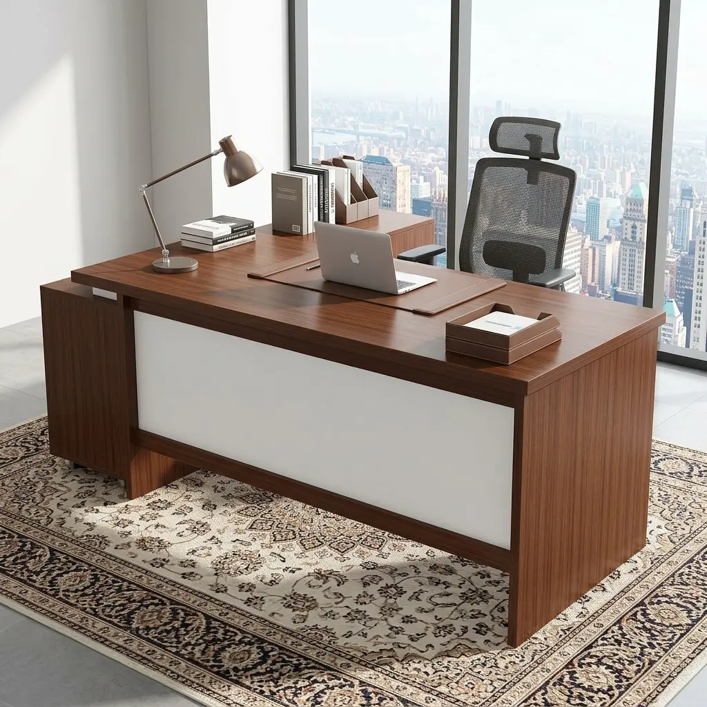 1.8M Contemporary Director Desk With Reddish-Brown Wood-Grain Worktop, Integrated Side Return, Open And Enclosed Storage, Panel-Style Support And Light-Toned Front Modesty Panel