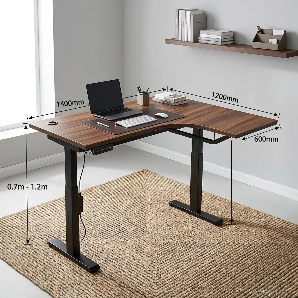 1.4M L-Shaped Electric Standing Desk With Wood-Grain Worktop, Extended Side Surface, Electric Height Control Panel And Black Telescopic Adjustable Legs