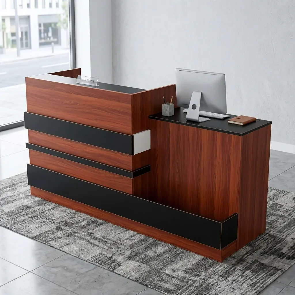 2M Front Counter Reception Desk With Reddish-Brown Wood-Grain Finish, Raised Front Counter, Dark Horizontal Accent Panels And Extended Side Work Surface