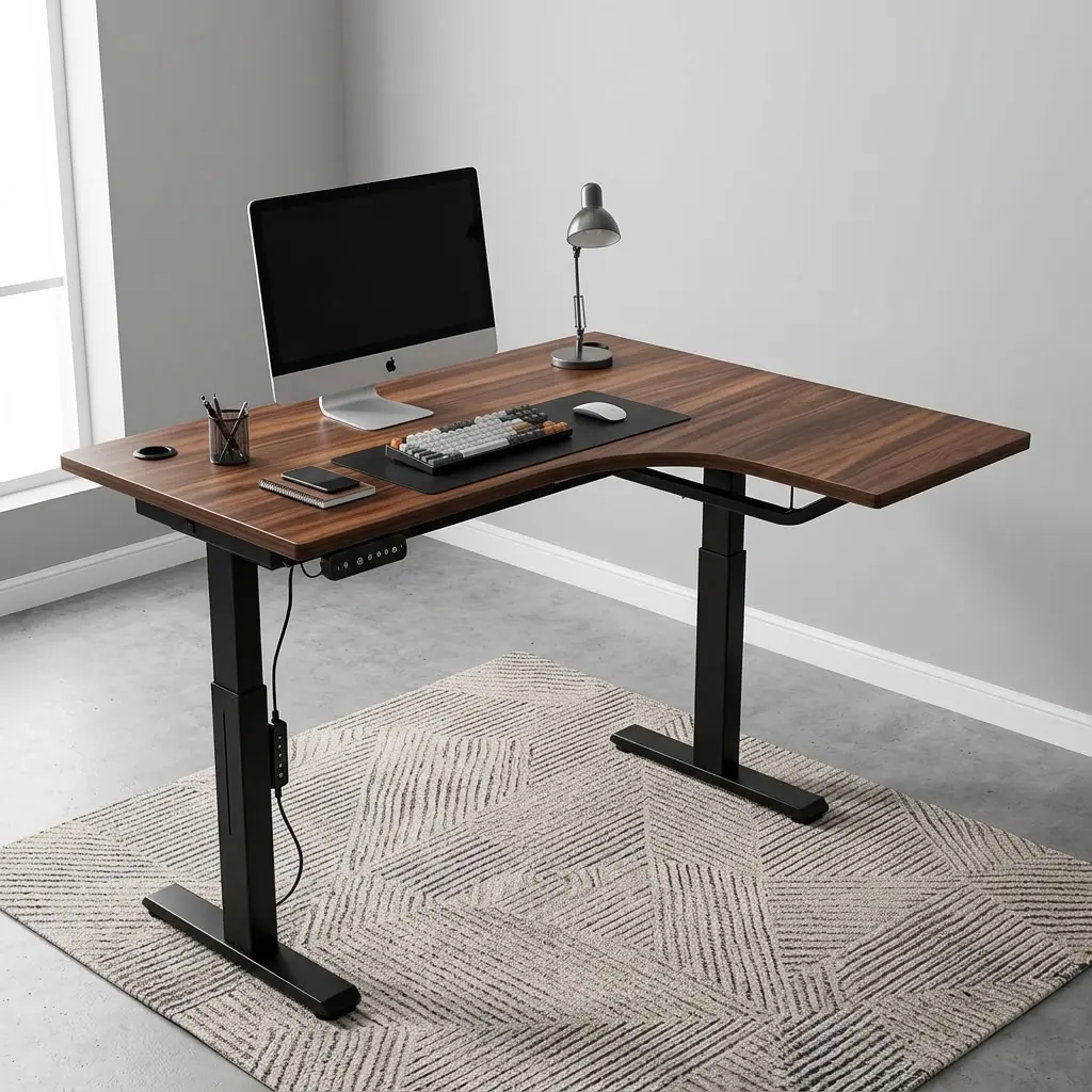1.4M L-Shaped Electric Standing Desk With Wood-Grain Worktop, Extended Side Surface, Electric Height Control Panel And Black Telescopic Adjustable Legs