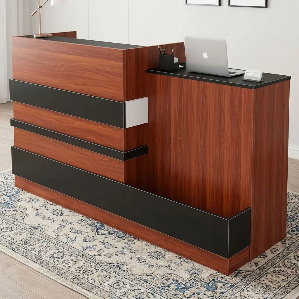 2M Front Counter Reception Desk With Reddish-Brown Wood-Grain Finish, Raised Front Counter, Dark Horizontal Accent Panels And Extended Side Work Surface