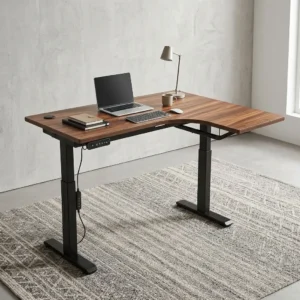 1.4m L-Shaped Electric Standing Desk with wood-grain worktop, extended side surface, electric height control panel and black telescopic adjustable legs