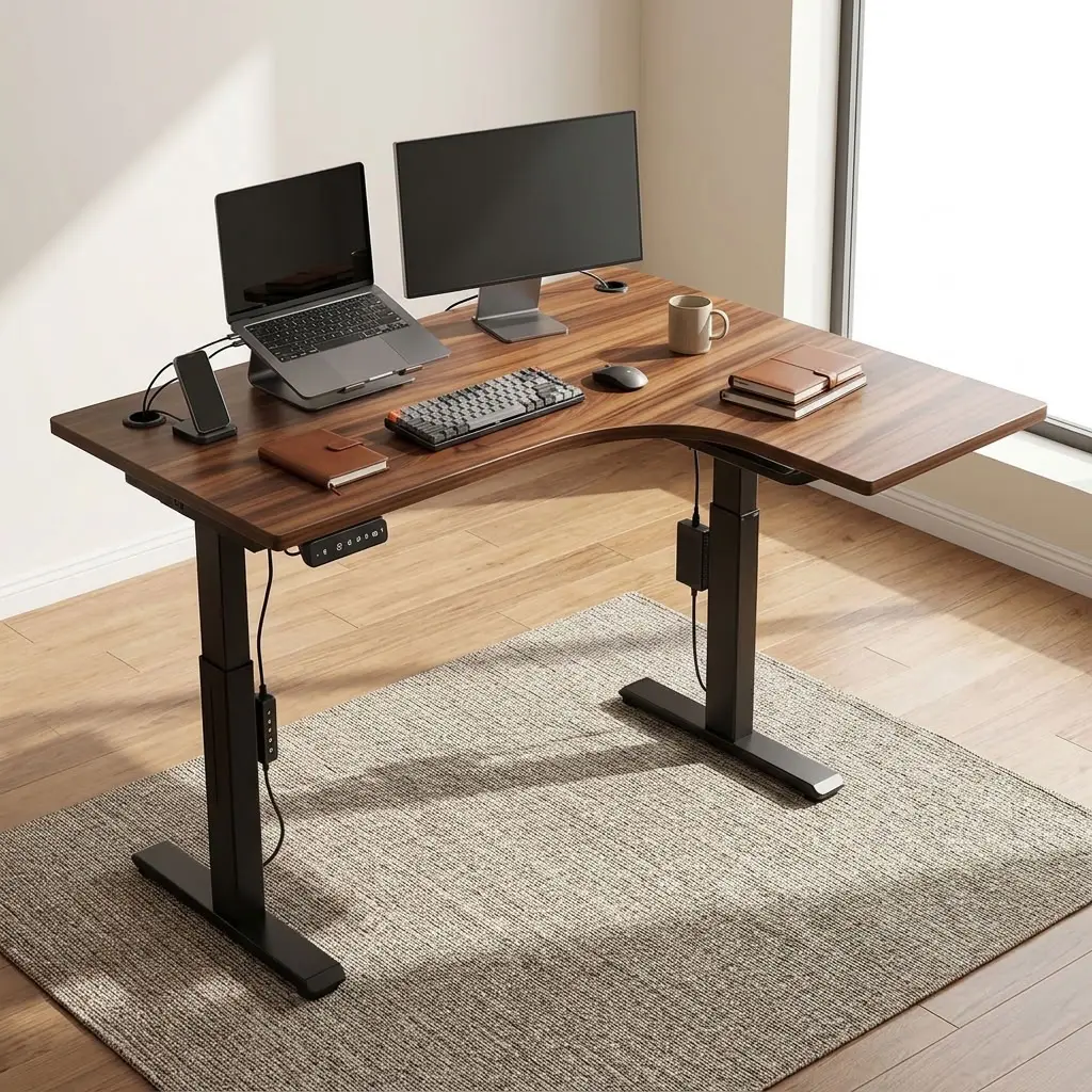 1.4M L-Shaped Electric Standing Desk With Wood-Grain Worktop, Extended Side Surface, Electric Height Control Panel And Black Telescopic Adjustable Legs
