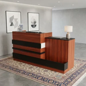 2m Front Counter Reception Desk with reddish-brown wood-grain finish, raised front counter, dark horizontal accent panels and extended side work surface