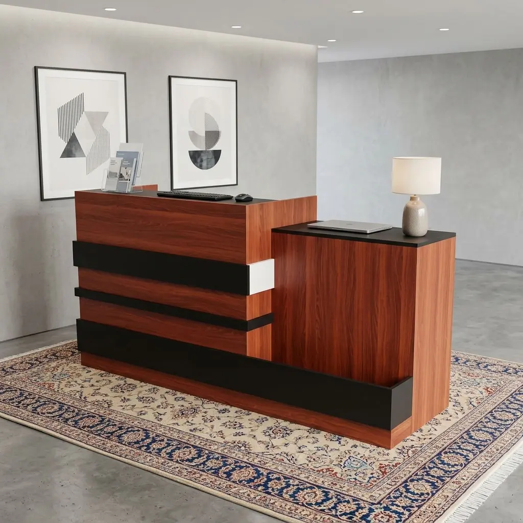 2M Front Counter Reception Desk With Reddish-Brown Wood-Grain Finish, Raised Front Counter, Dark Horizontal Accent Panels And Extended Side Work Surface