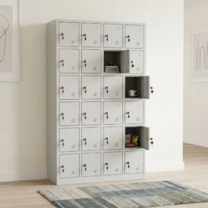 24-Compartment Staff Storage Locker with light-grey finish, individual key-lockable doors, ventilation perforations and label-holder sections