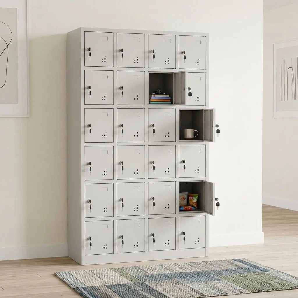 24-Compartment Staff Storage Locker With Light-Grey Finish, Individual Key-Lockable Doors, Ventilation Perforations And Label-Holder Sections