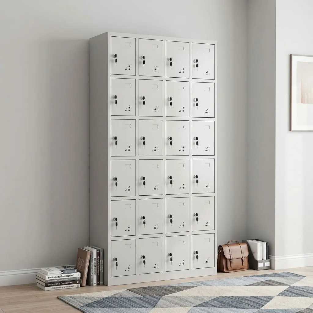 24-Compartment Staff Storage Locker With Light-Grey Finish, Individual Key-Lockable Doors, Ventilation Perforations And Label-Holder Sections