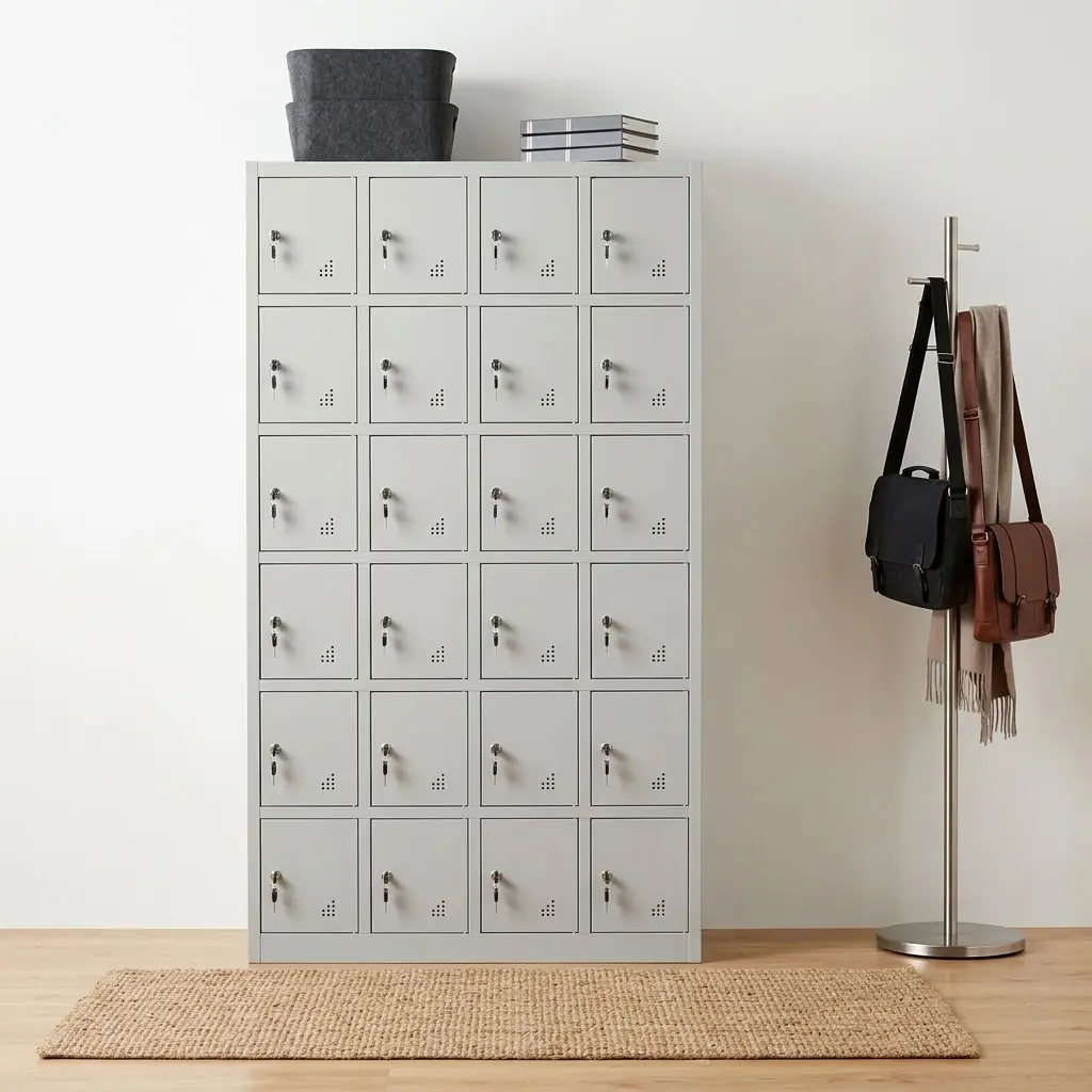24-Compartment Staff Storage Locker With Light-Grey Finish, Individual Key-Lockable Doors, Ventilation Perforations And Label-Holder Sections