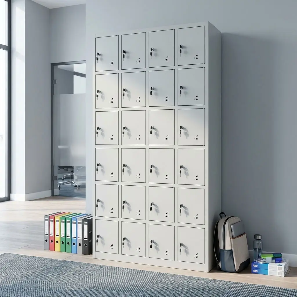 24-Compartment Staff Storage Locker With Light-Grey Finish, Individual Key-Lockable Doors, Ventilation Perforations And Label-Holder Sections